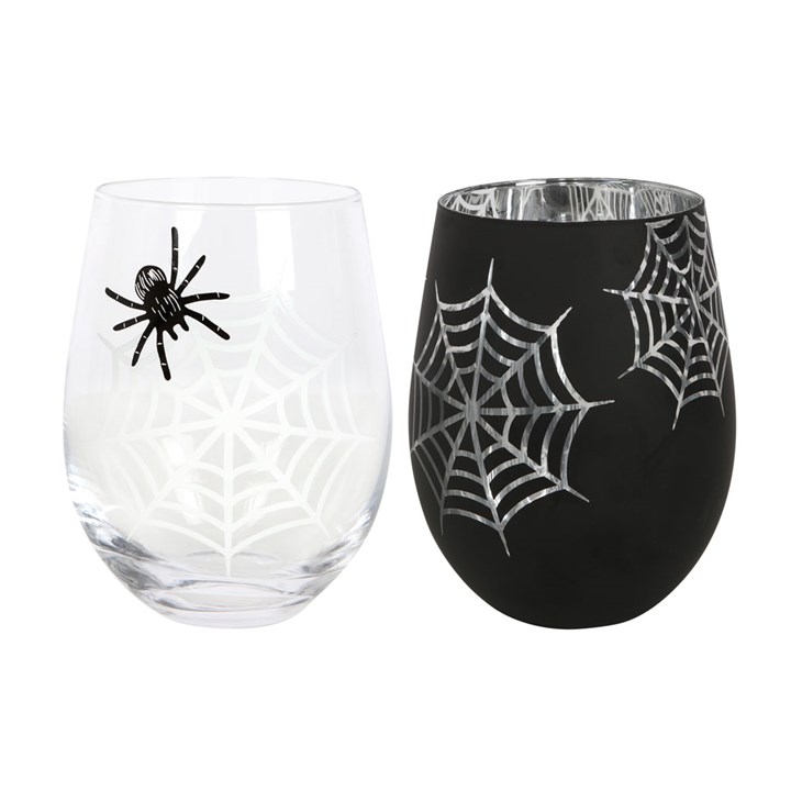 Set of 2 Spider and Web Stemless Wine Glasses 1 Set of 2 Spider and Web Stemless Wine Glasses