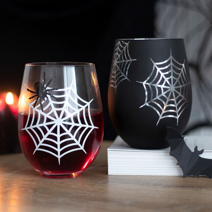 Set of 2 Spider and Web Stemless Wine Glasses 3 S03720110 13
