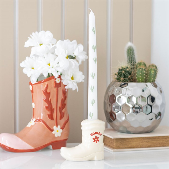 White Cowboy Boot Candle Holder with Taper Candle 1 White Cowboy Boot Candle Holder with Taper Candle