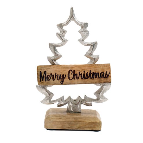 22cm Aluminium Christmas Tree on Wooden Base 1 22cm Aluminium Christmas Tree on Wooden Base